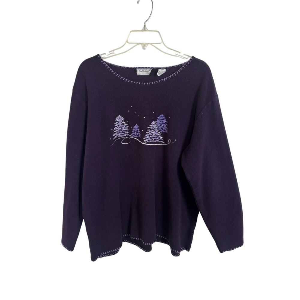 Vtg 90s Purple Fleece Evergreen Tree Sweater Size XL Embroidered Rhinestones